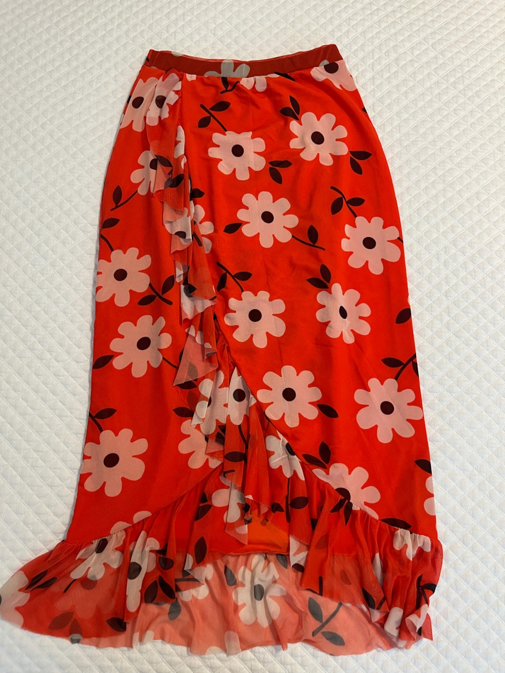 Urban Outfitters Red Midi Skirt with Pink Floral Print
